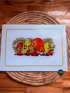 Vintage inspired merry Mushroom glass cutting board - counter saver